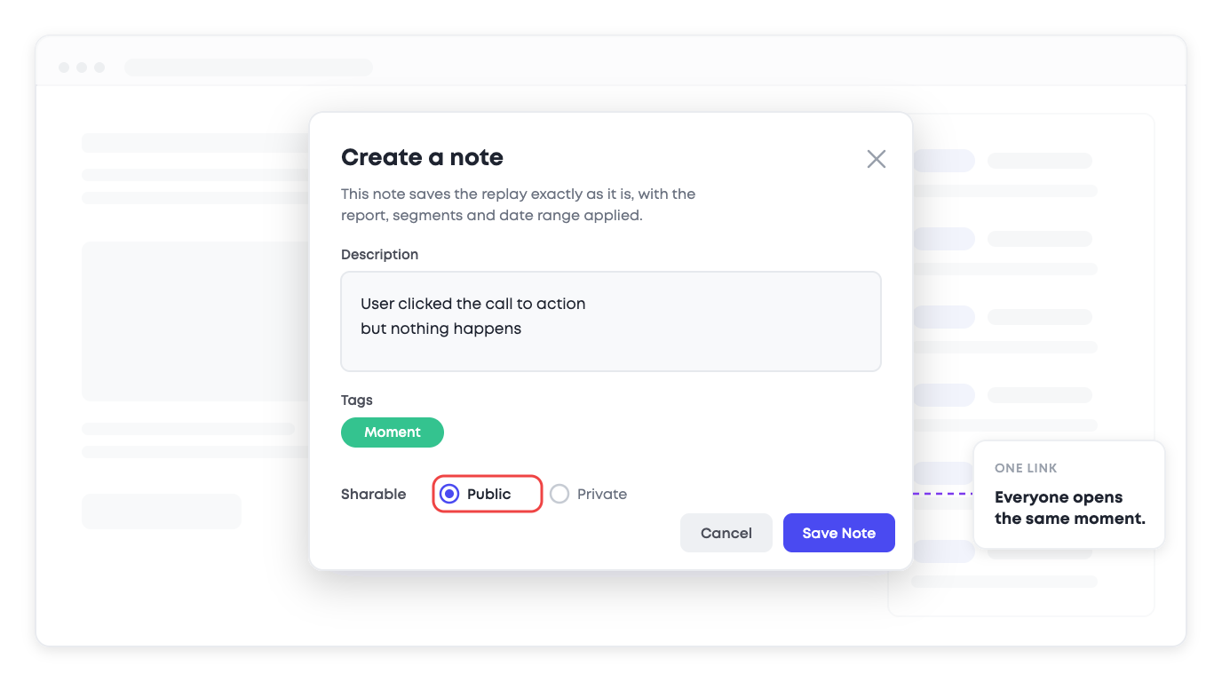 Create a note dialog over a session replay, tagged as a moment and set to public so the whole team opens the same point in the replay